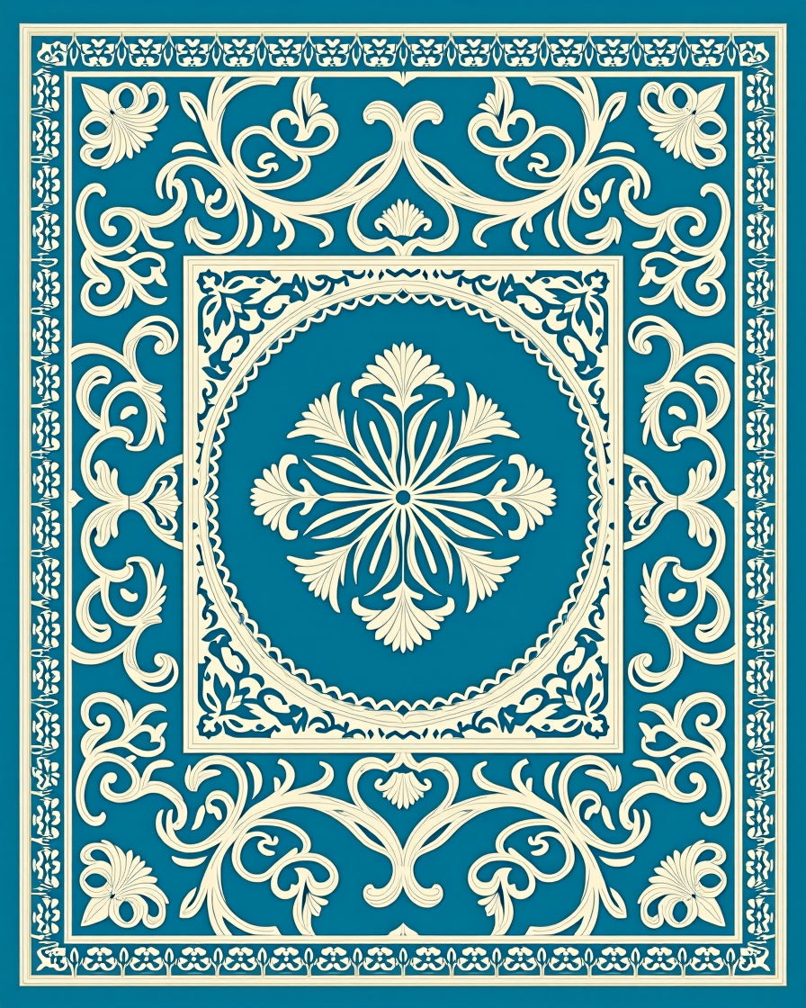 Teal Cream Scrollwork Floral Medallion Rug