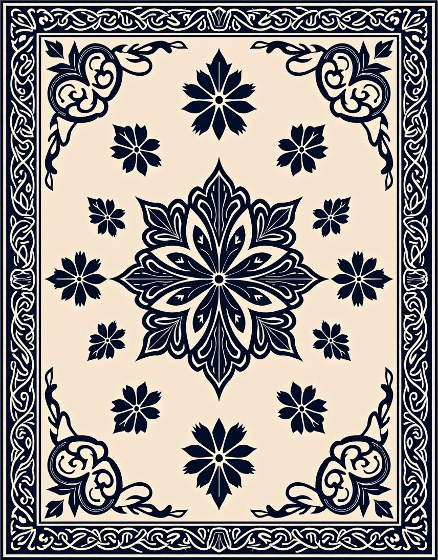 Dark Floral Symmetry Mandala Border Rug