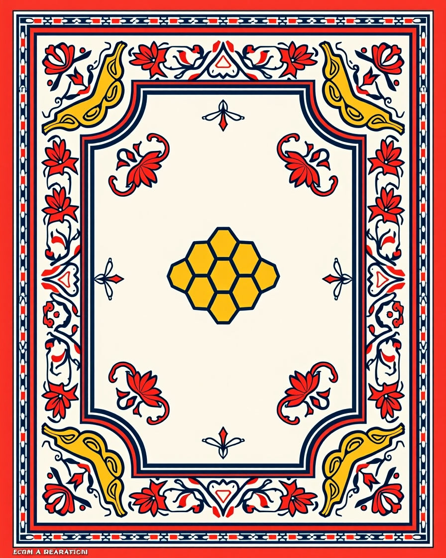 Red Yellow Floral Honeycomb Border Rug