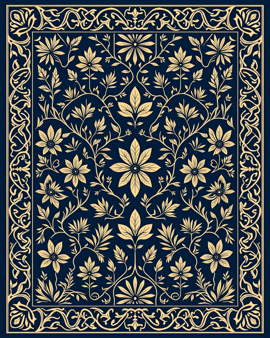 Navy Gold Floral Vine Design Rug