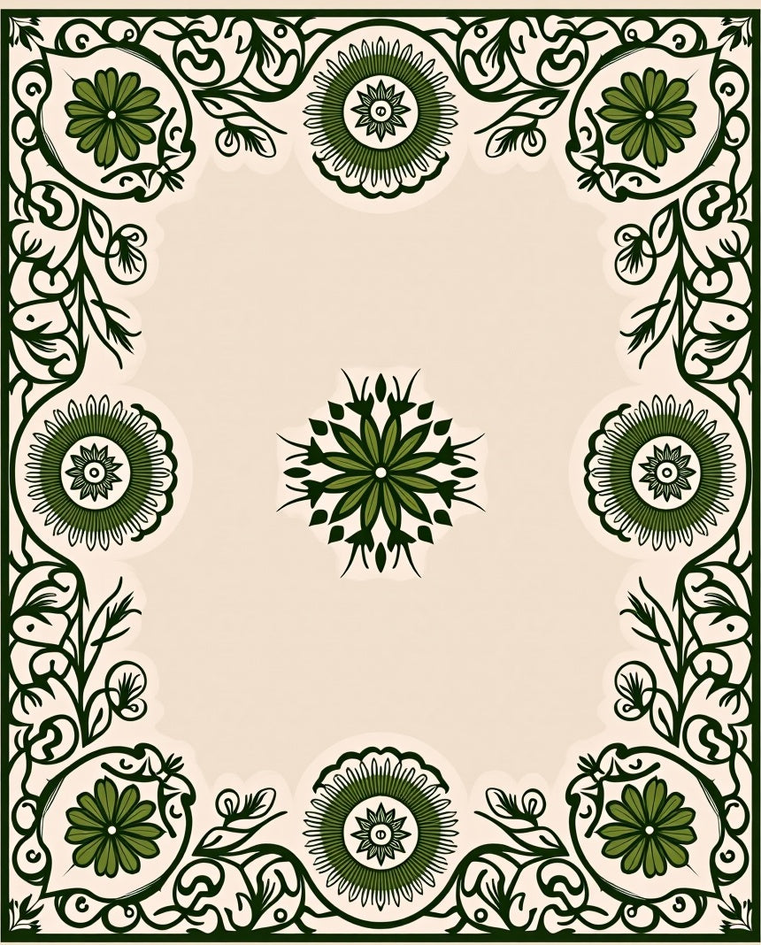Ornate Green Floral Scrollwork Design Rug