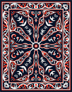 Red White Black Symmetrical Floral Pattern Rug
