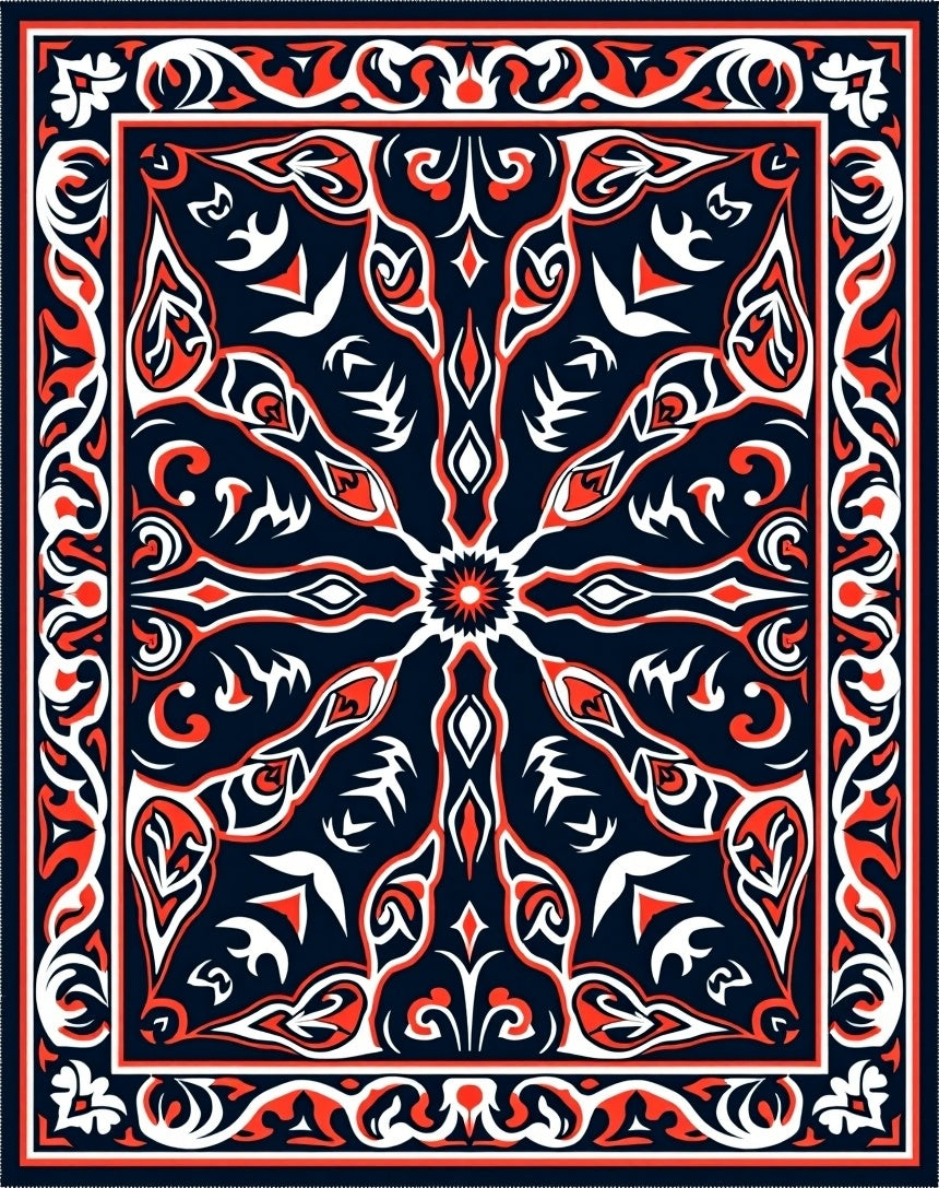 Red White Black Symmetrical Floral Pattern Rug
