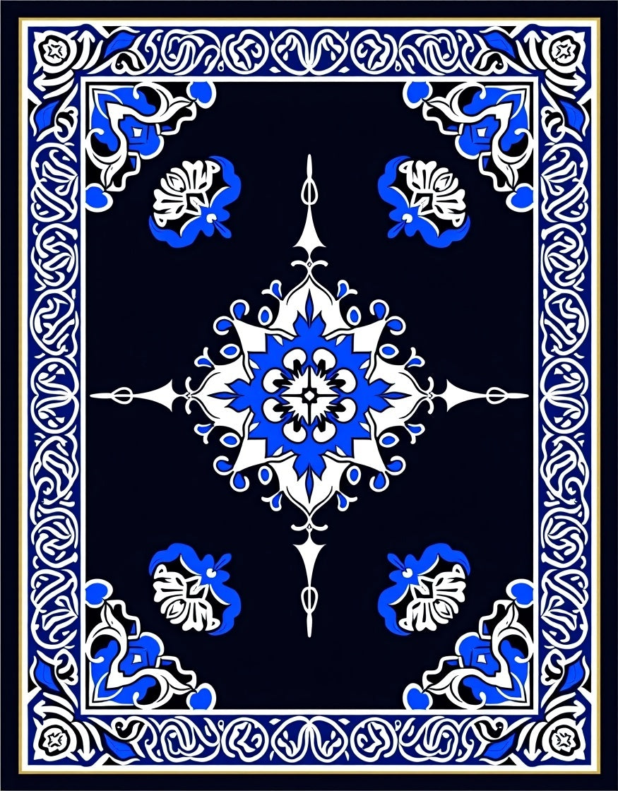 Bold Blue White Geometric Floral Pattern Rug