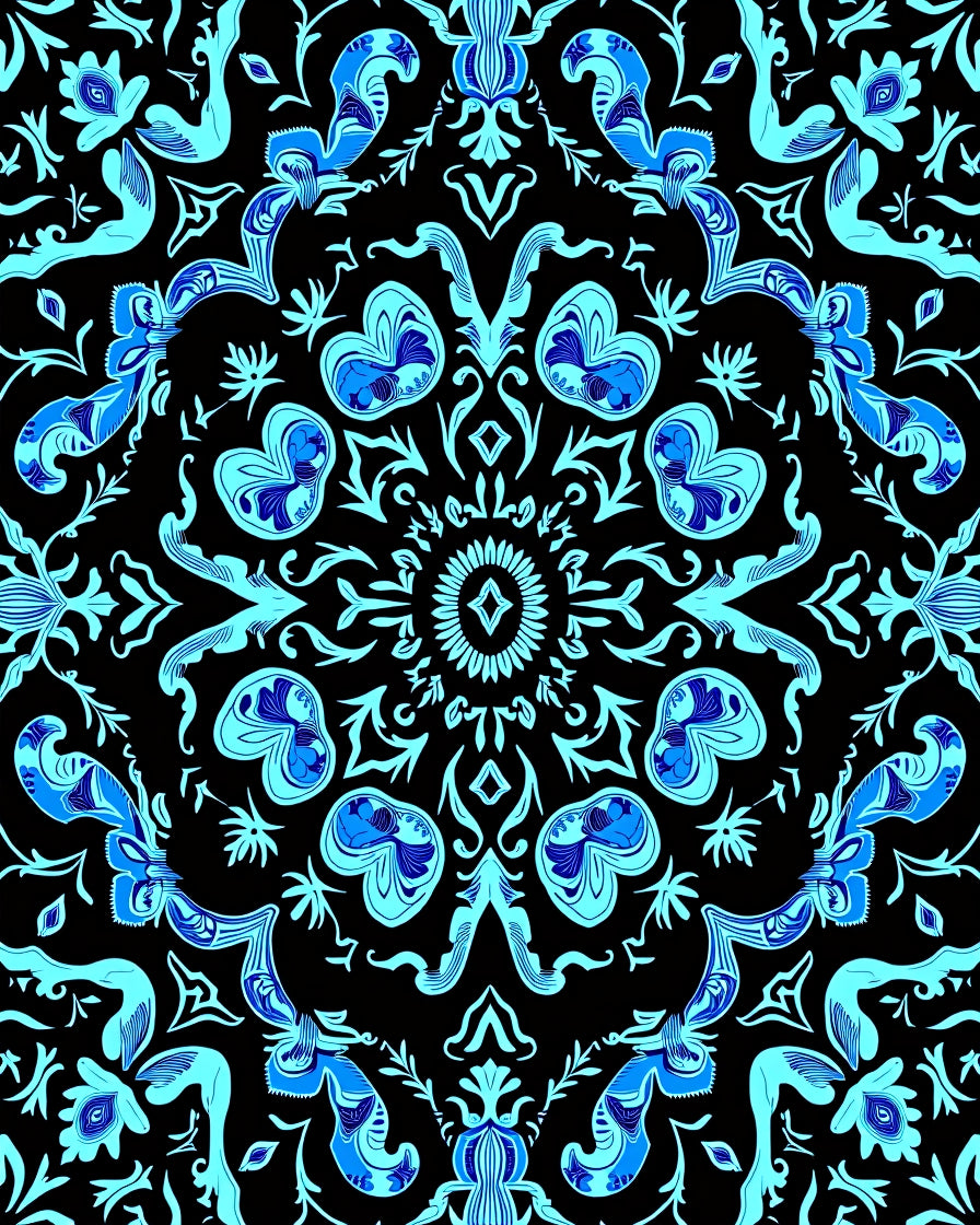 Intricate Blue Floral Damask Pattern Rug