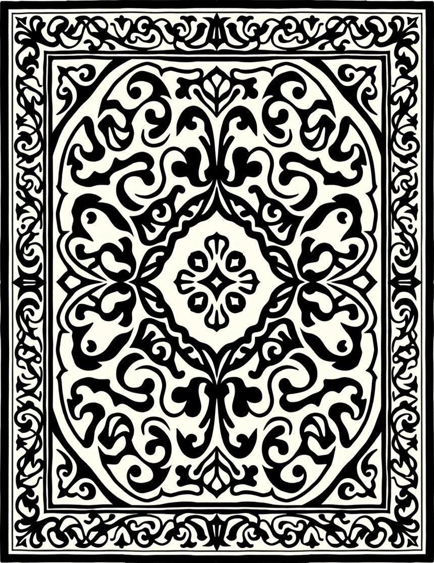 Classic Black White Floral Pattern Rug