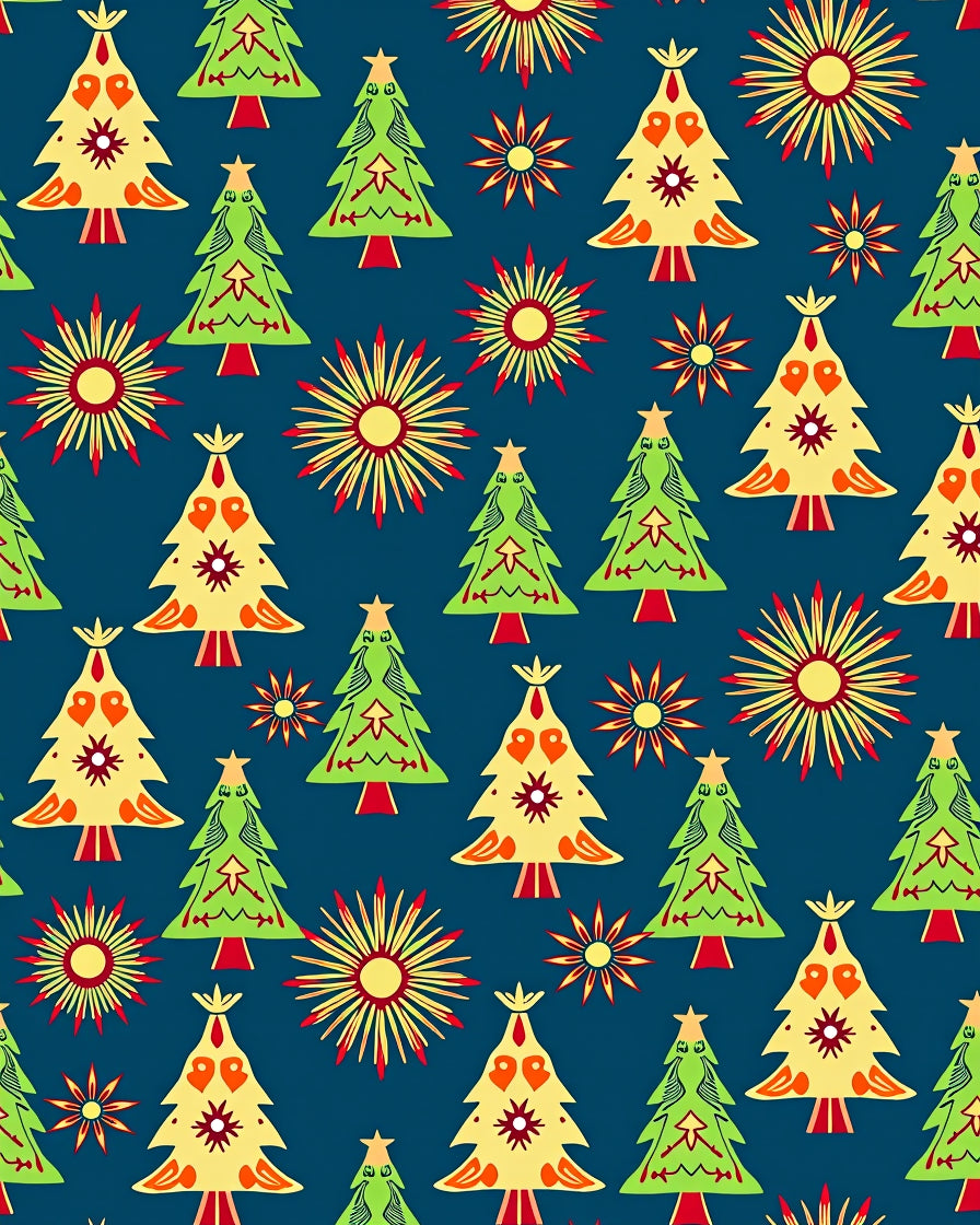 Festive Green Yellow Trees Sunbursts Rug