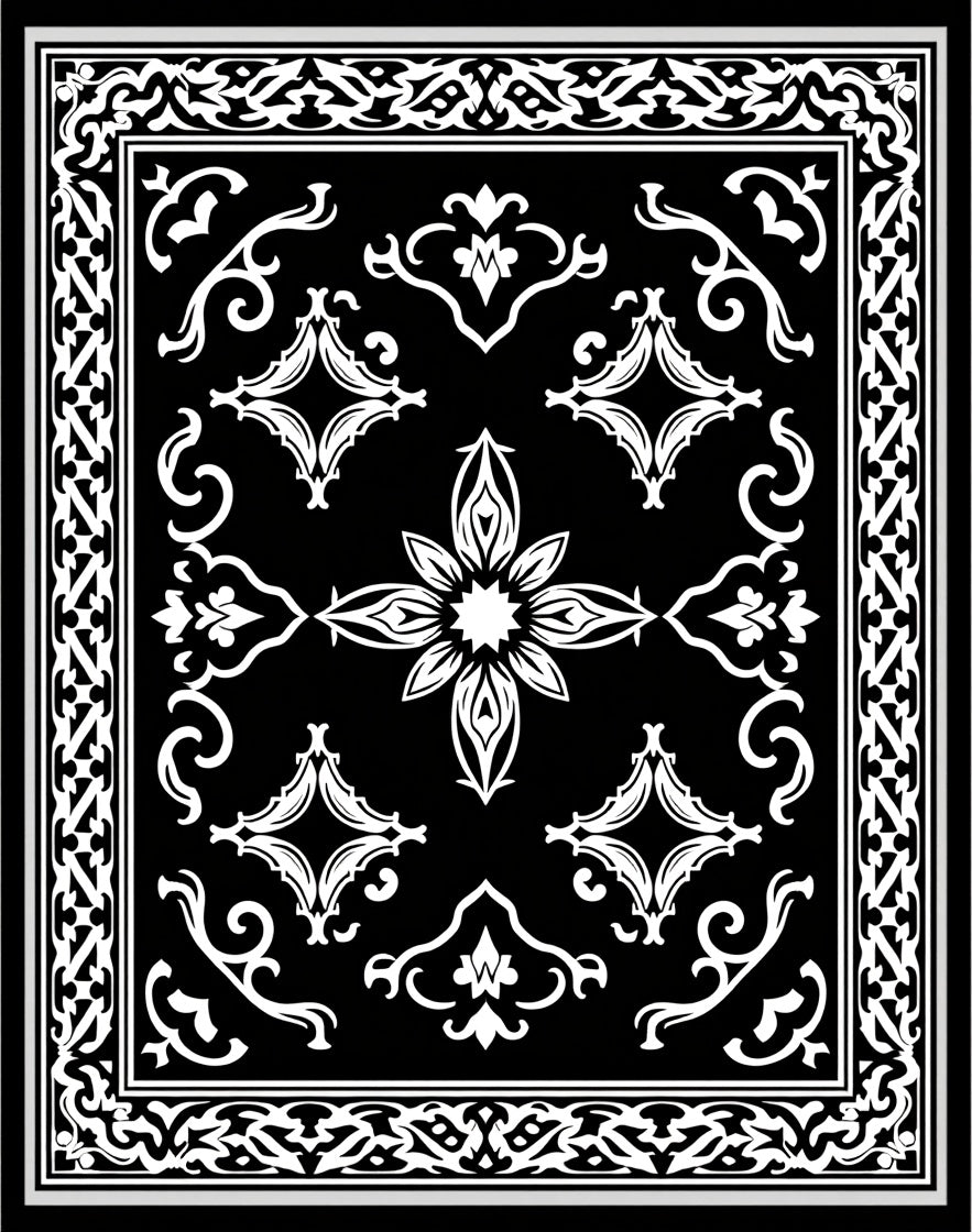 Classic Opulent Black White Filigree Design Rug