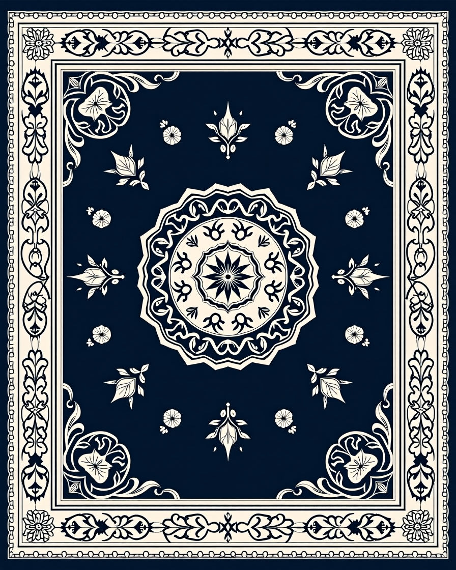 Ornate Blue Floral Mandala Border Rug