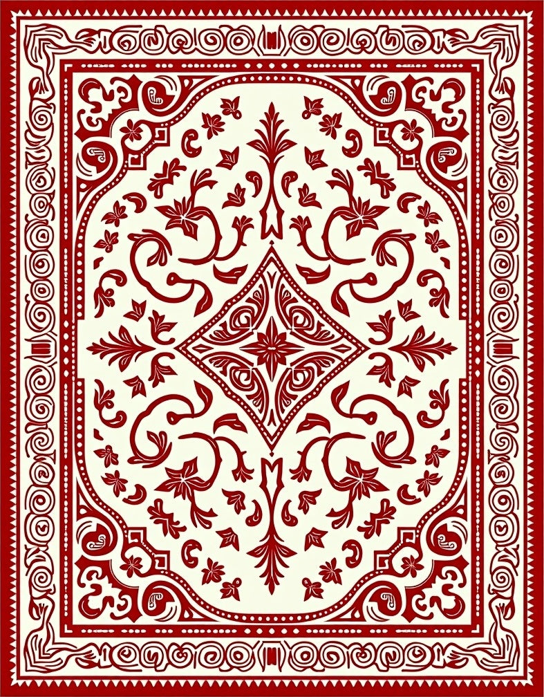 Elegant Red Floral Scroll Pattern Rug