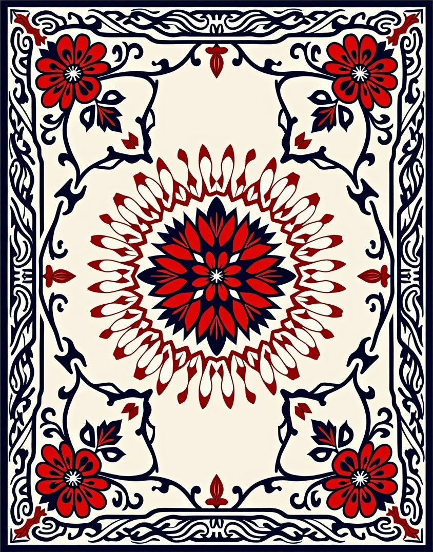 Bold Floral Medallion And Vine Design Rug