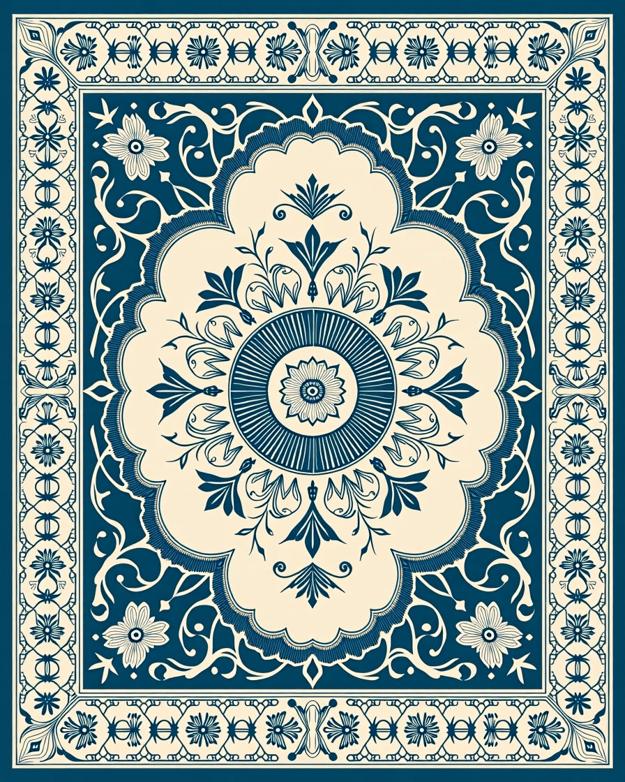 Vintage Blue Floral Mandala Pattern Rug