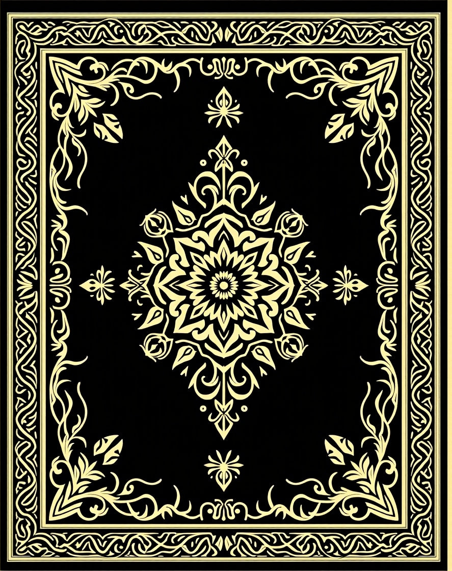 Elegant Black Gold Floral Motif Rug