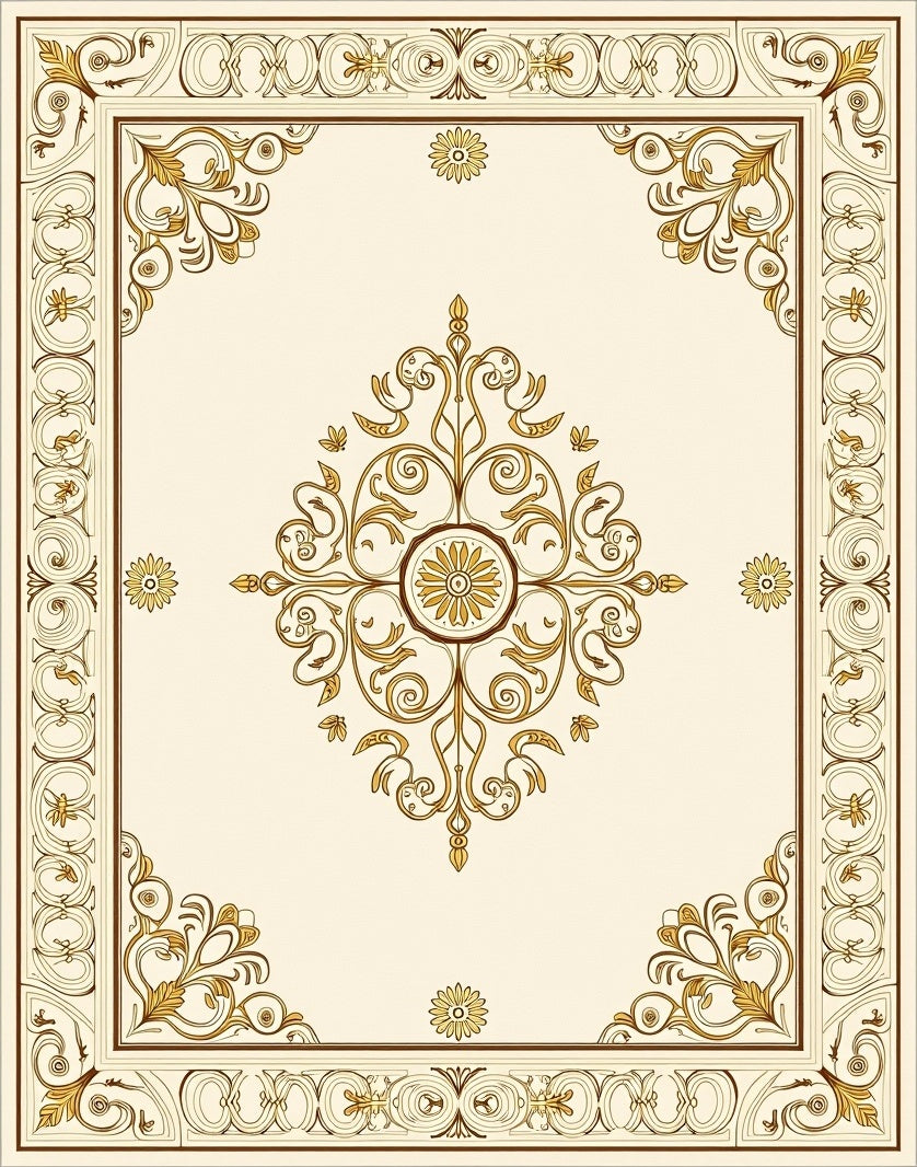 Cream Gold Ornate Floral Scroll Design Rug