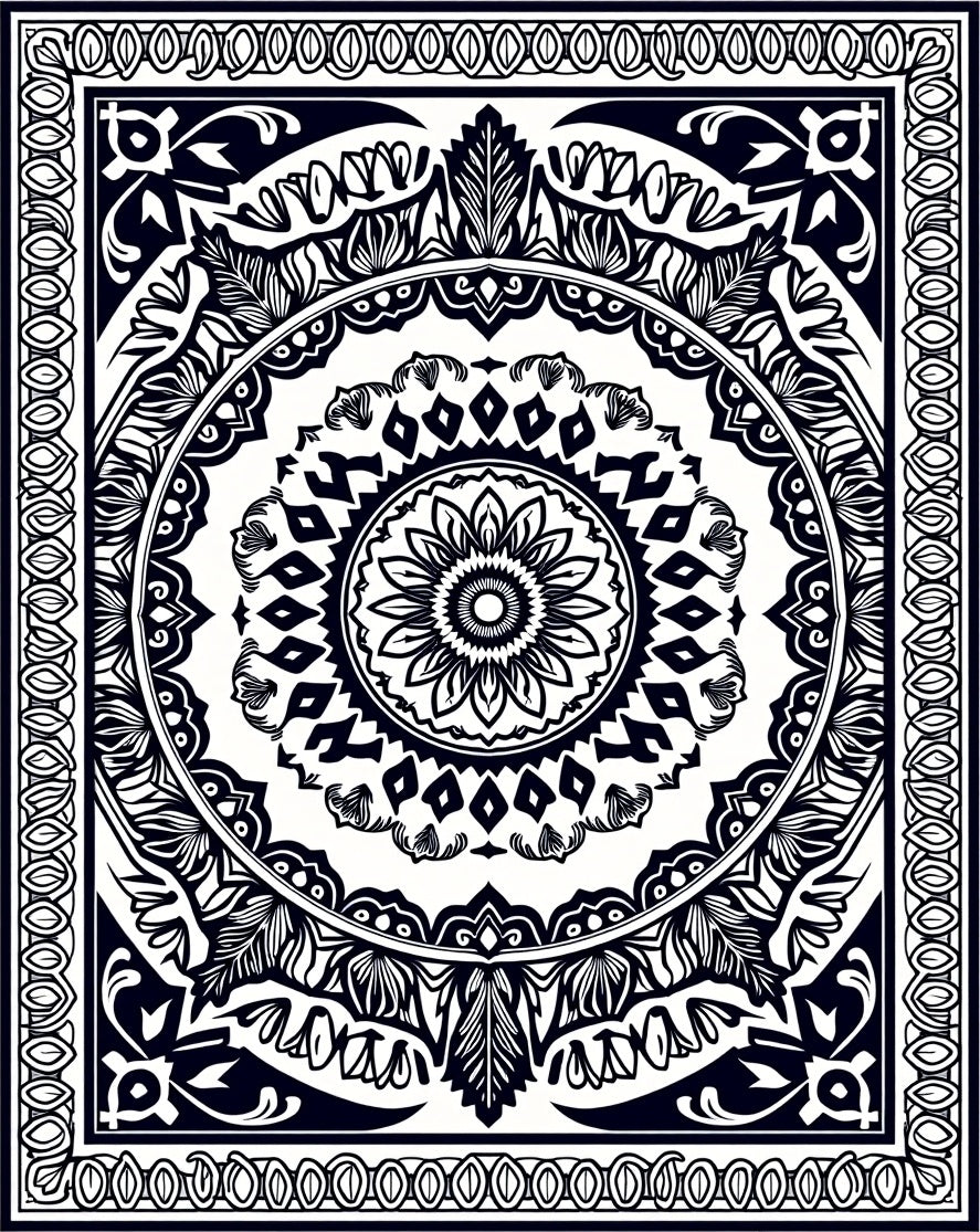 Intricate Black Floral Mandala Design Rug