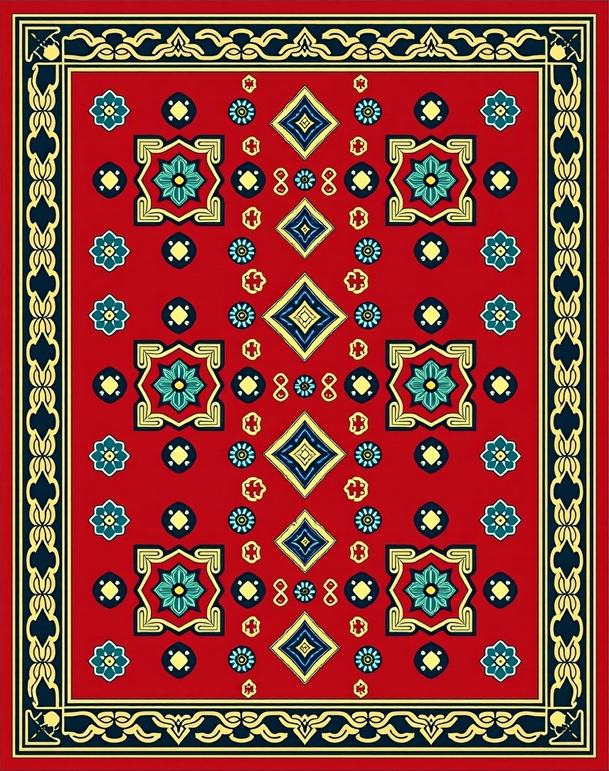 Red Floral Geometric Traditional Pattern Rug