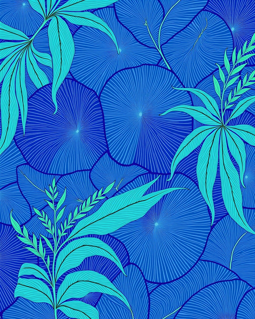 Teal Leaves on Deep Blue Circles Rug