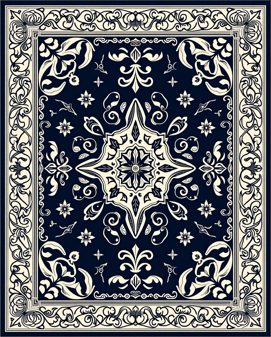Ornate Floral Border Medallion Pattern Rug