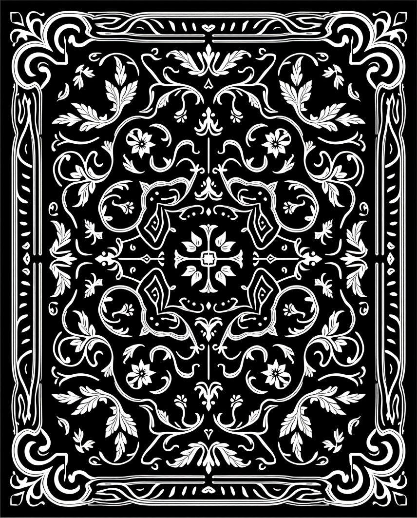 Elegant White Floral Motif Black Rug