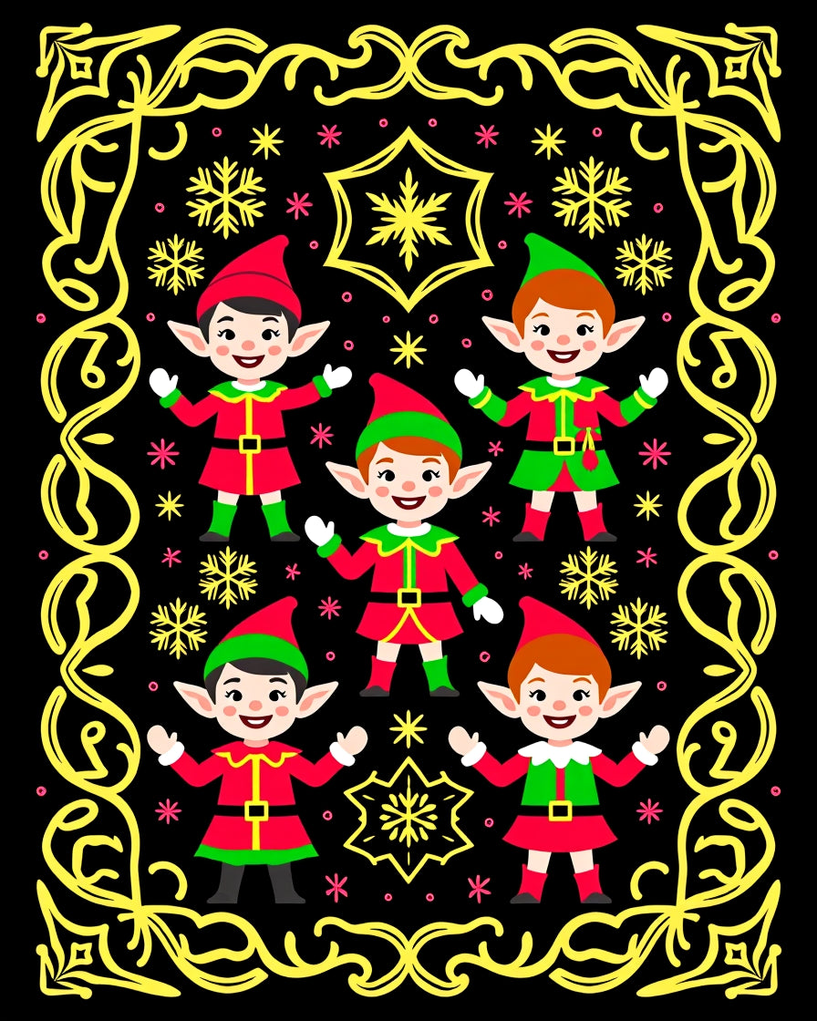 Festive Red Green Elves Snowflakes Border Rug