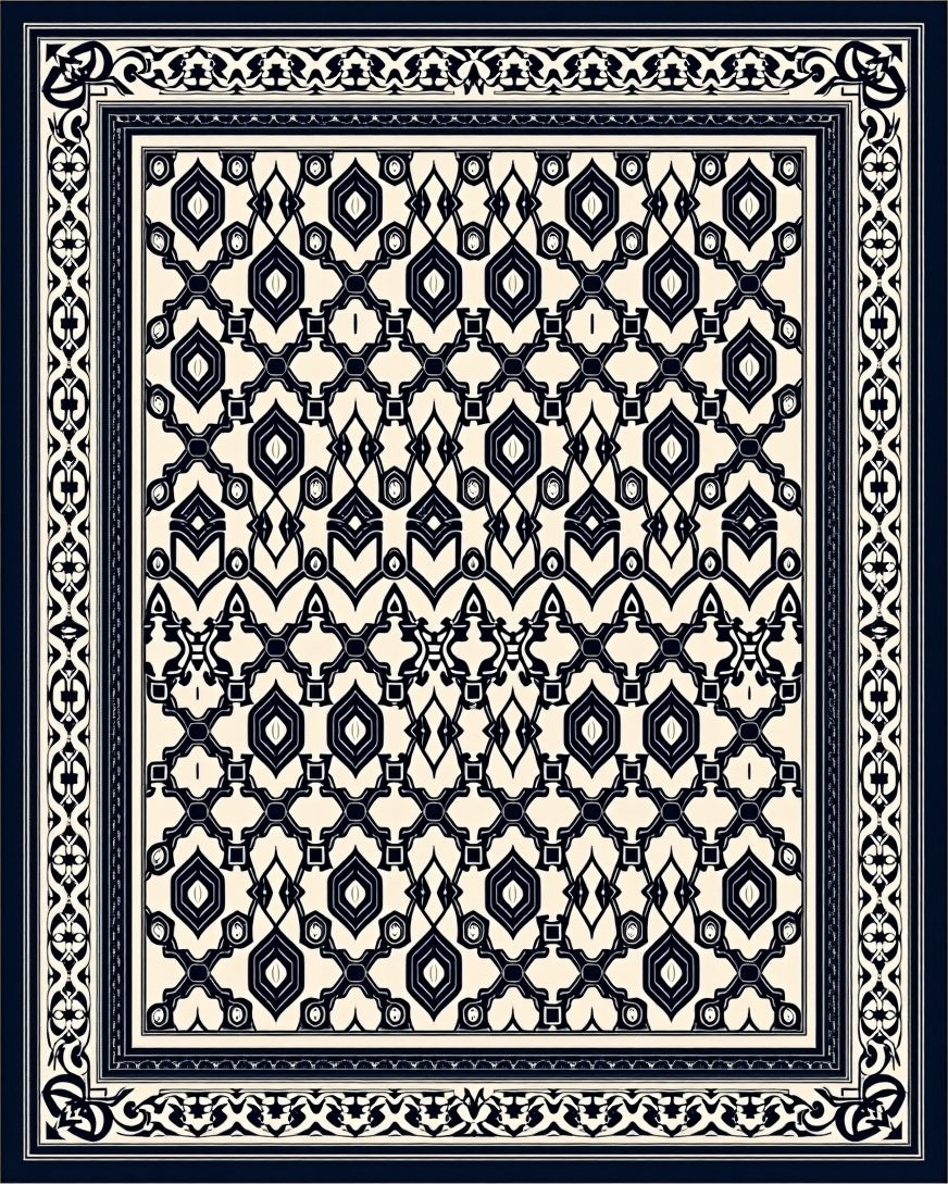 Elegant Cream Dark Blue Geometric Pattern Rug