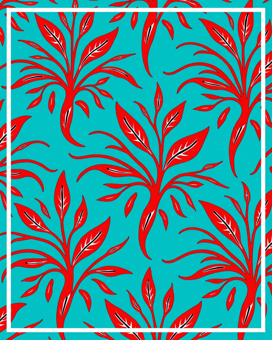 Vibrant Red Foliage Teal Pattern Rug