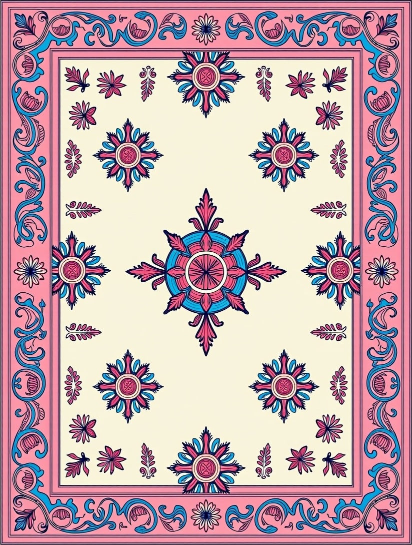 Pink Blue Floral Medallion Textile Rug