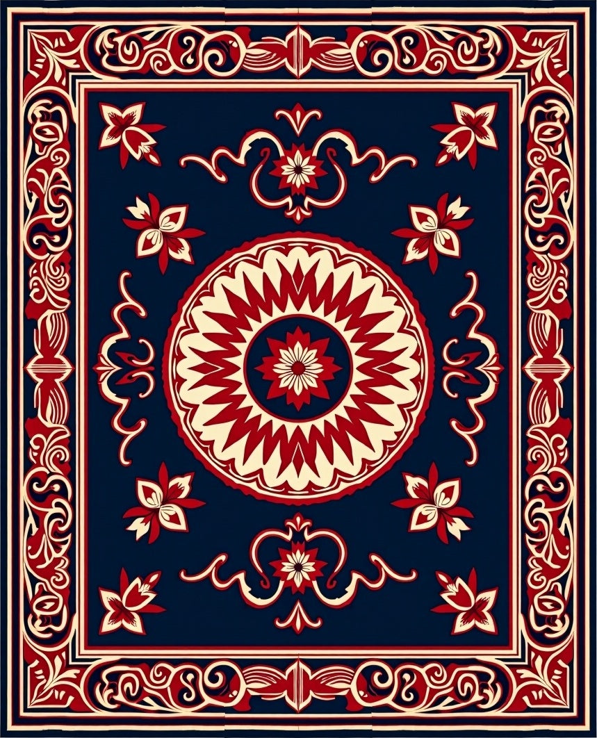 Classic Floral Medallion Red Cream Blue Rug