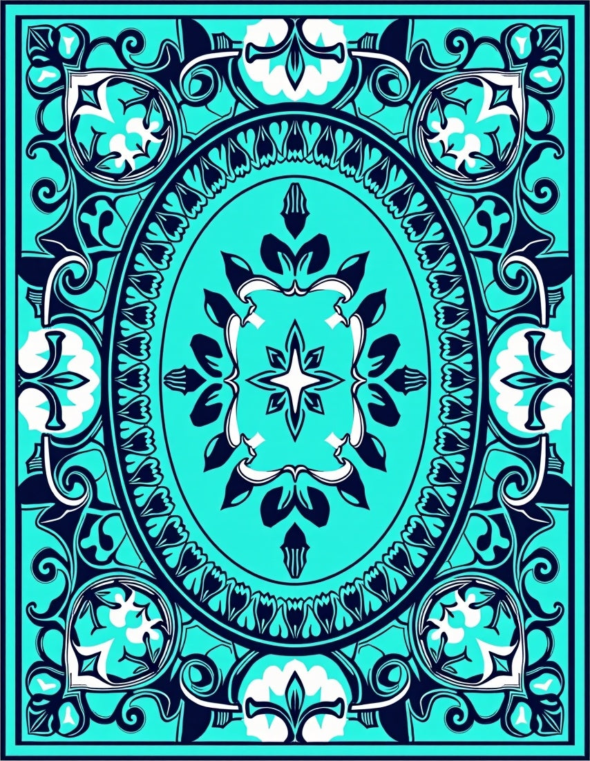 Bold Teal White Floral Medallion Rug