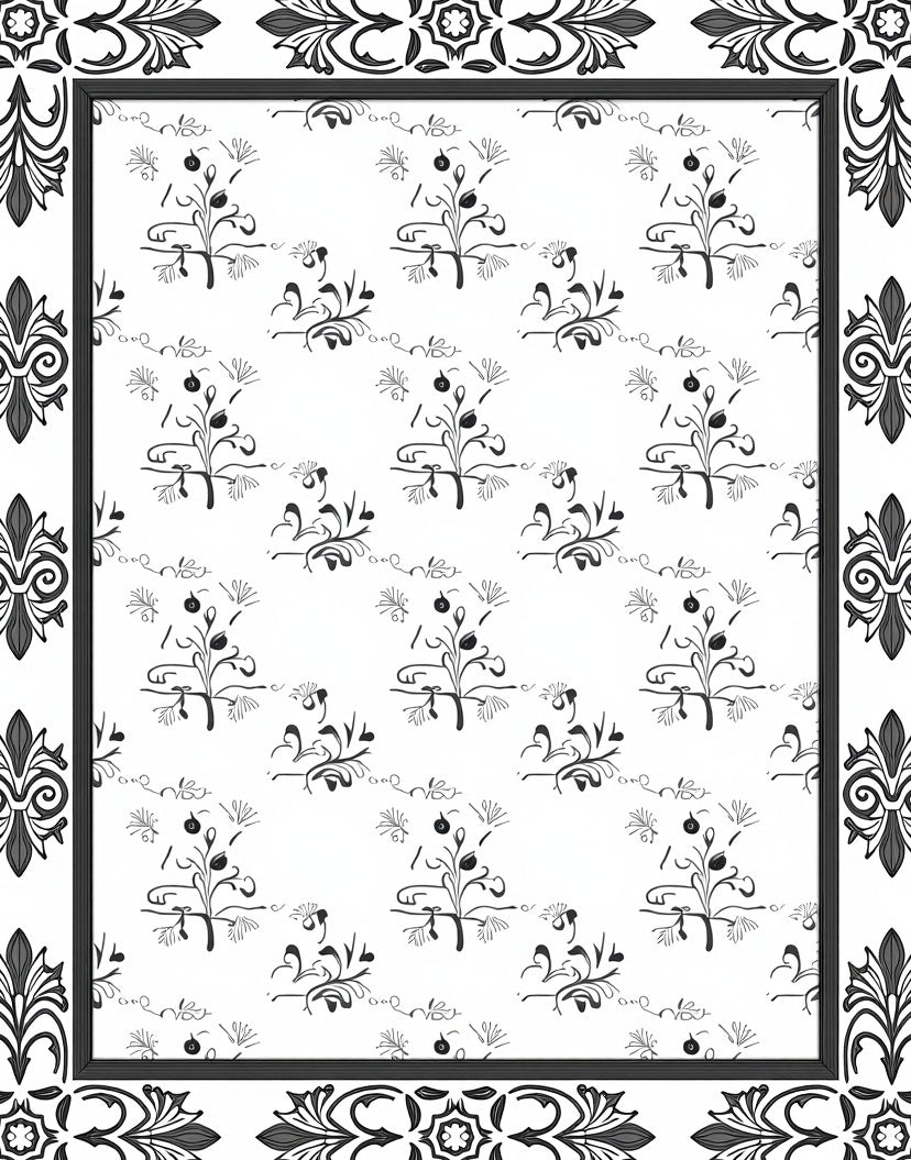 Black White Botanical Outline Pattern Rug