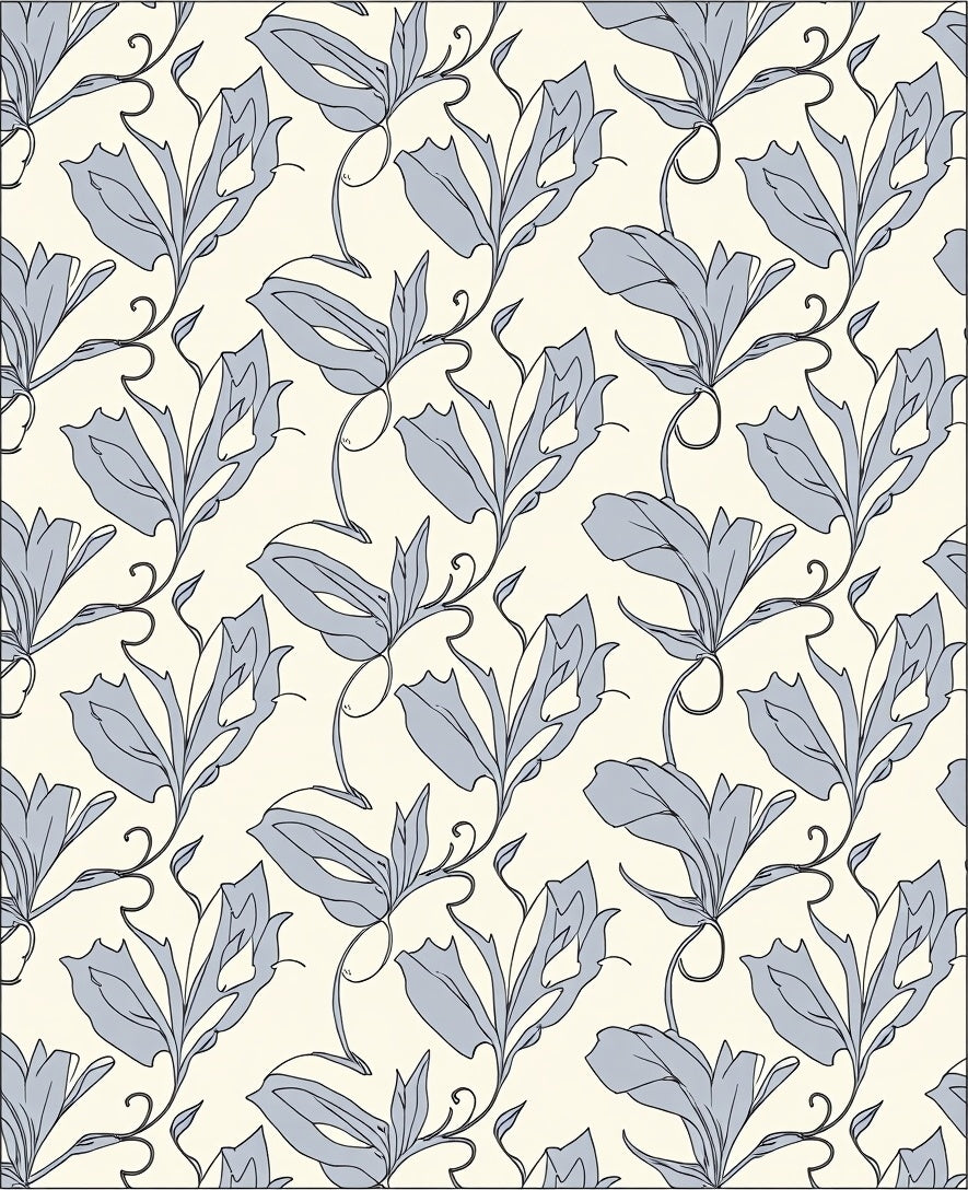 Cream And Blue Floral Vine Pattern Rug