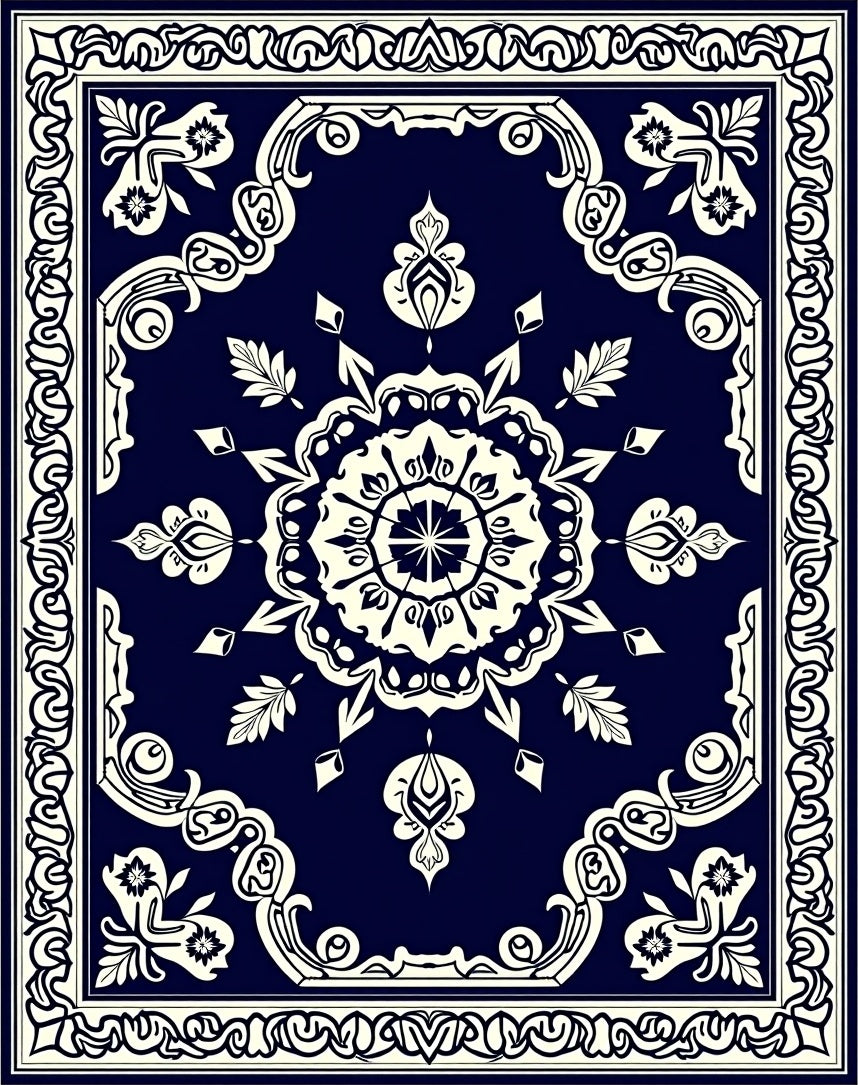 Dark Blue Floral Mandala Design Rug