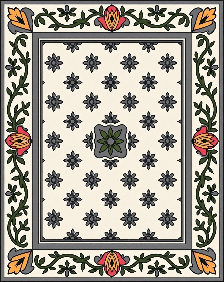 Ornate Floral Border Medallion Design Rug