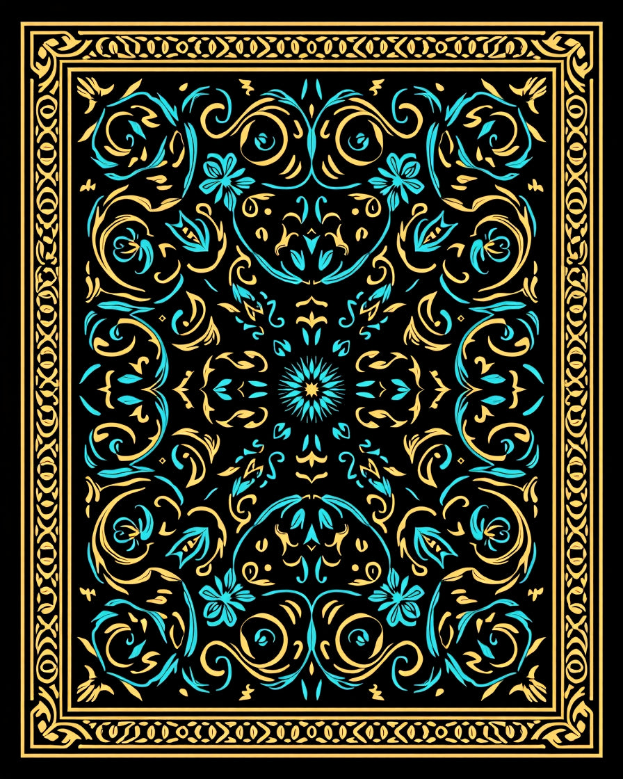 Ornate Teal Gold Floral Mandala Rug