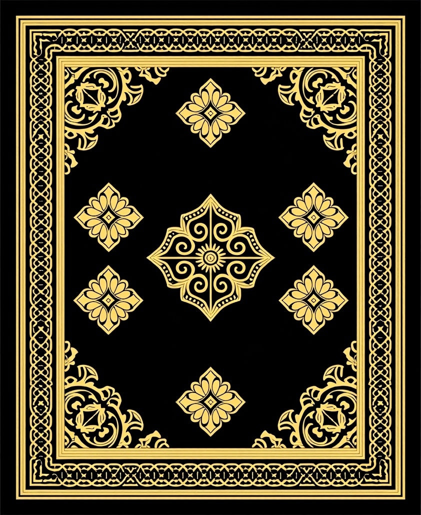 Black Gold Ornate Floral Patterned Rug