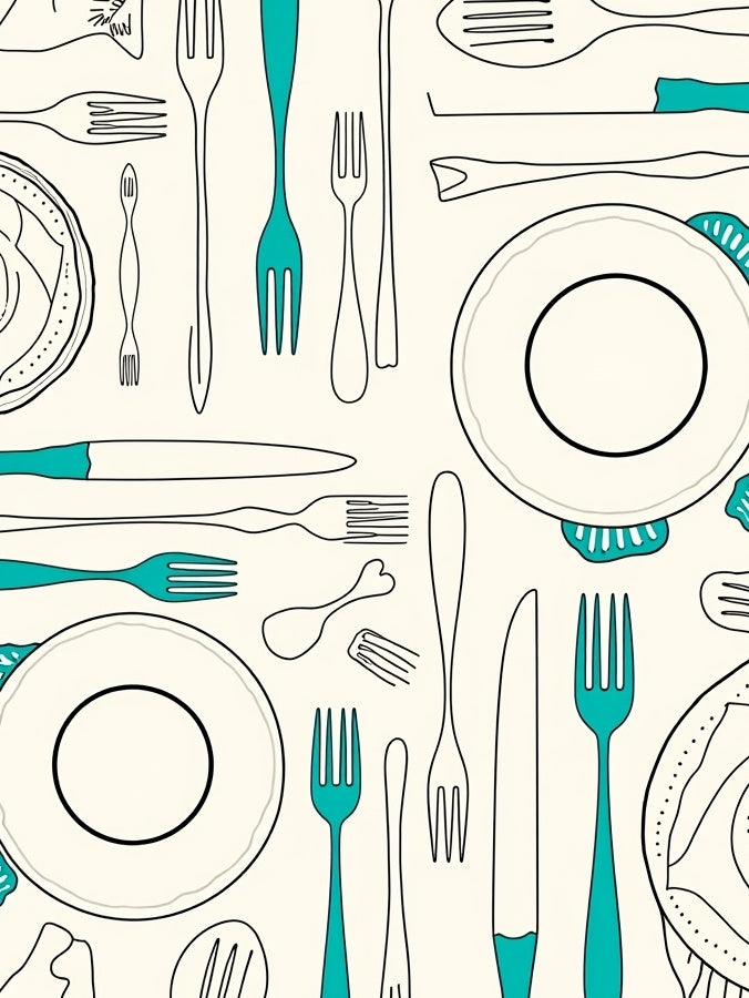 Teal Utensil Collection Cream Rug