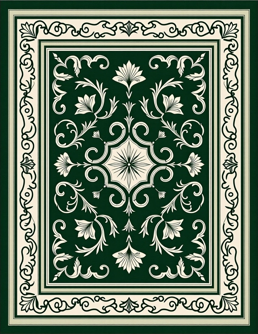 Elegant Green Floral Scrollwork Pattern Rug