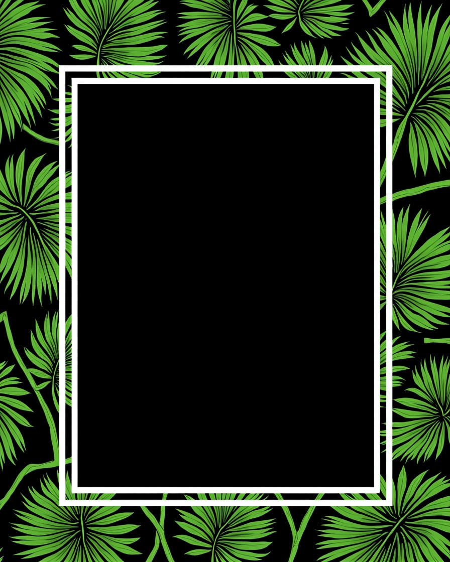 Tropical Leaf Pattern Black Frame Rug