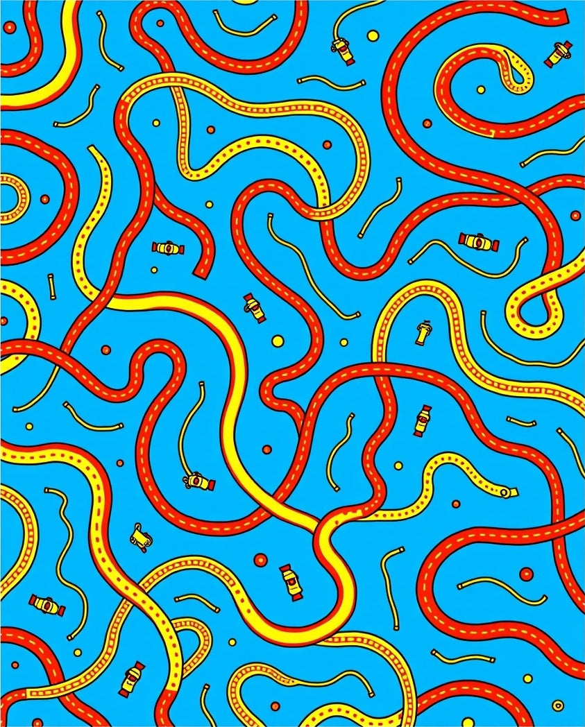 Blue Red Yellow Intertwined Road Layout Rug