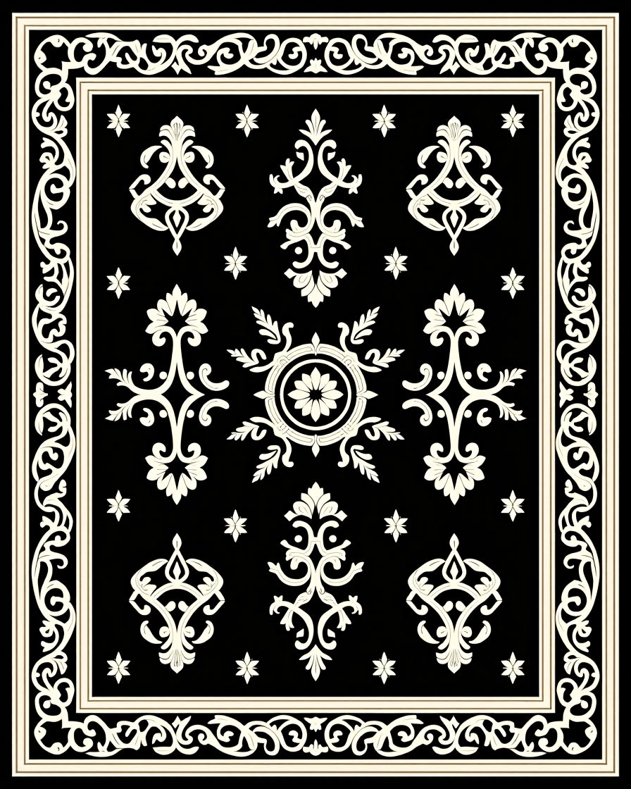 Classic Black White Ornate Pattern Rug