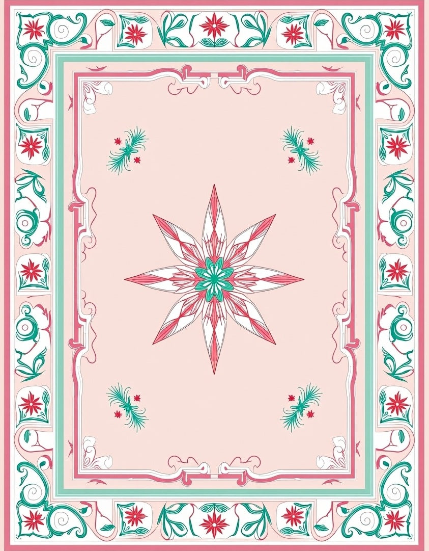 Pink Floral Starburst Border Pattern Rug