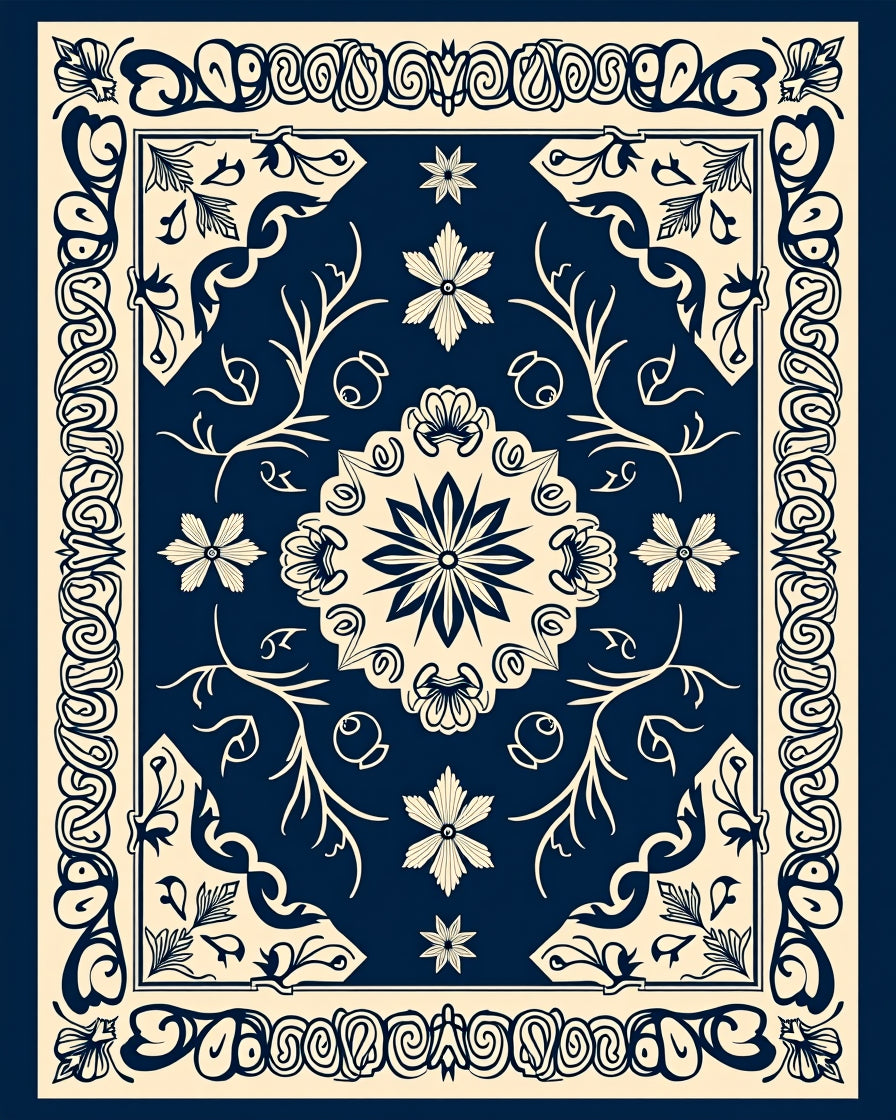 Navy Cream Floral Medallion Border Design Rug