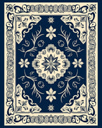Navy Cream Floral Medallion Border Design Rug