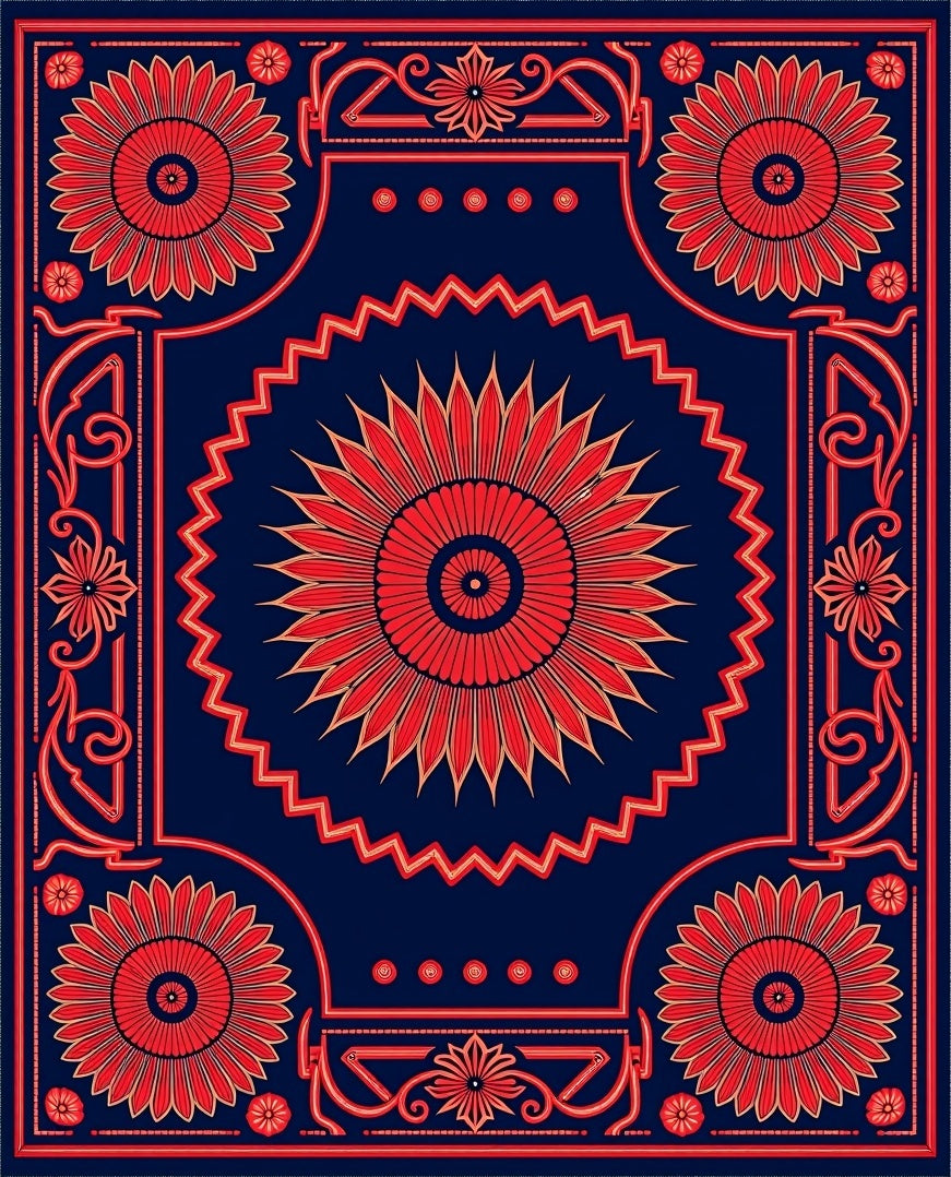 Bold Red Floral Sunburst Pattern Rug