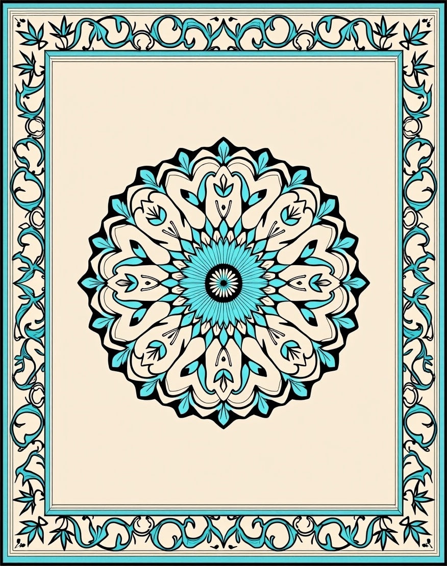 Intricate Cyan Mandala Border Design Rug