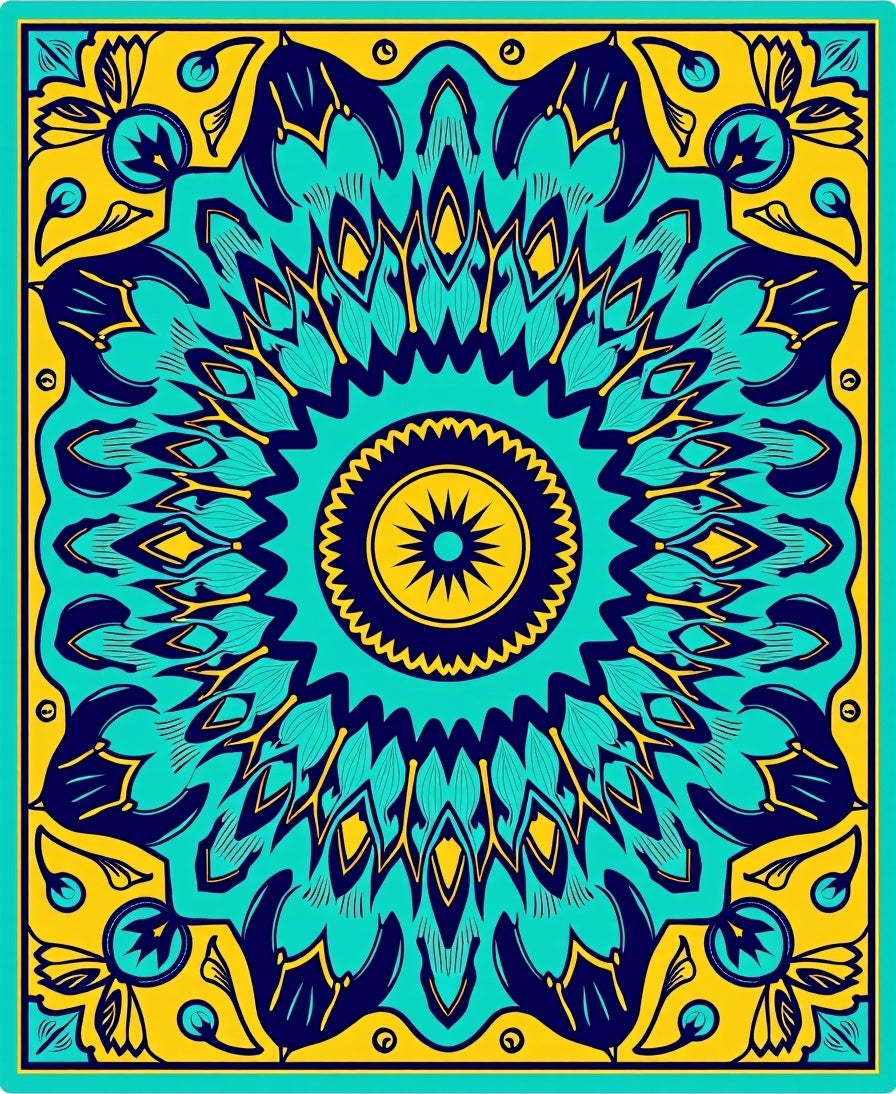Bold Teal Yellow Sunburst Medallion Rug