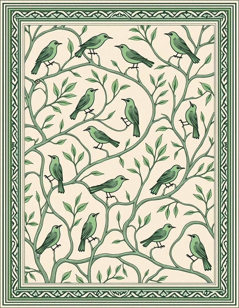 Green Birds on Twig Design Rug