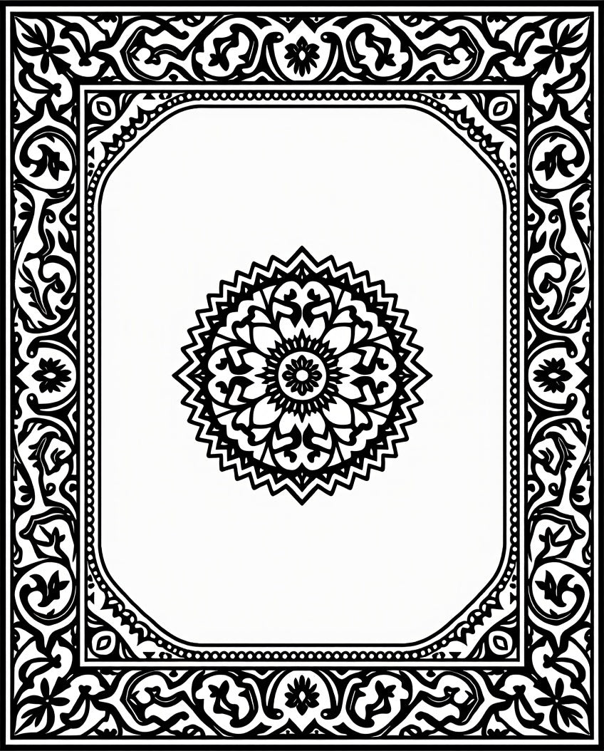 Ornate Black White Mandala Frame Pattern Rug
