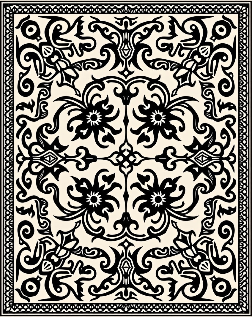 Ornate Black Floral Scrolls Pattern Rug