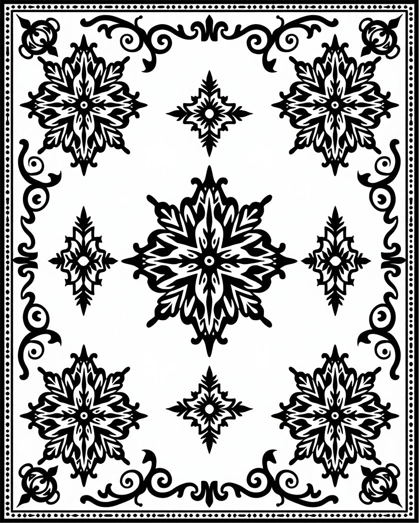 Black White Ornamental Flower Pattern Rug